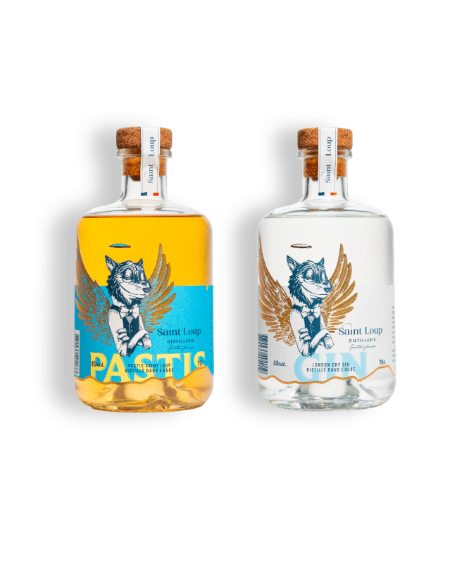 Duo de spiritueux Pastis et Gin de la distillerie Saint Loup.