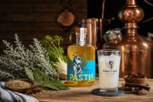 Bouteille de Pastis artisanal Saint Loup, verre de pastis préparé, alambic en cuivre et plantes aromatiques dans la distillerie artisanale française.